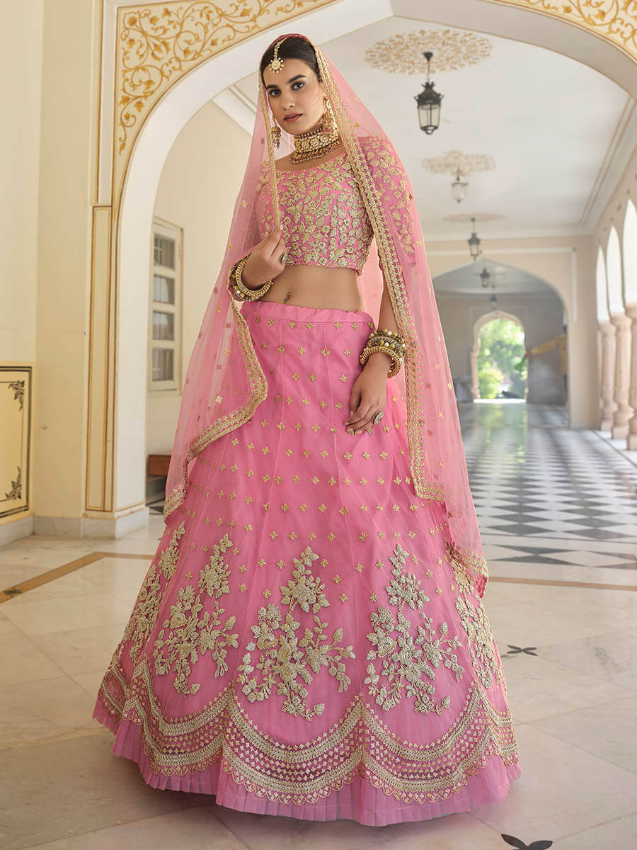 Myra Baby Pink Net Embroidered Lehenga | Grocsy