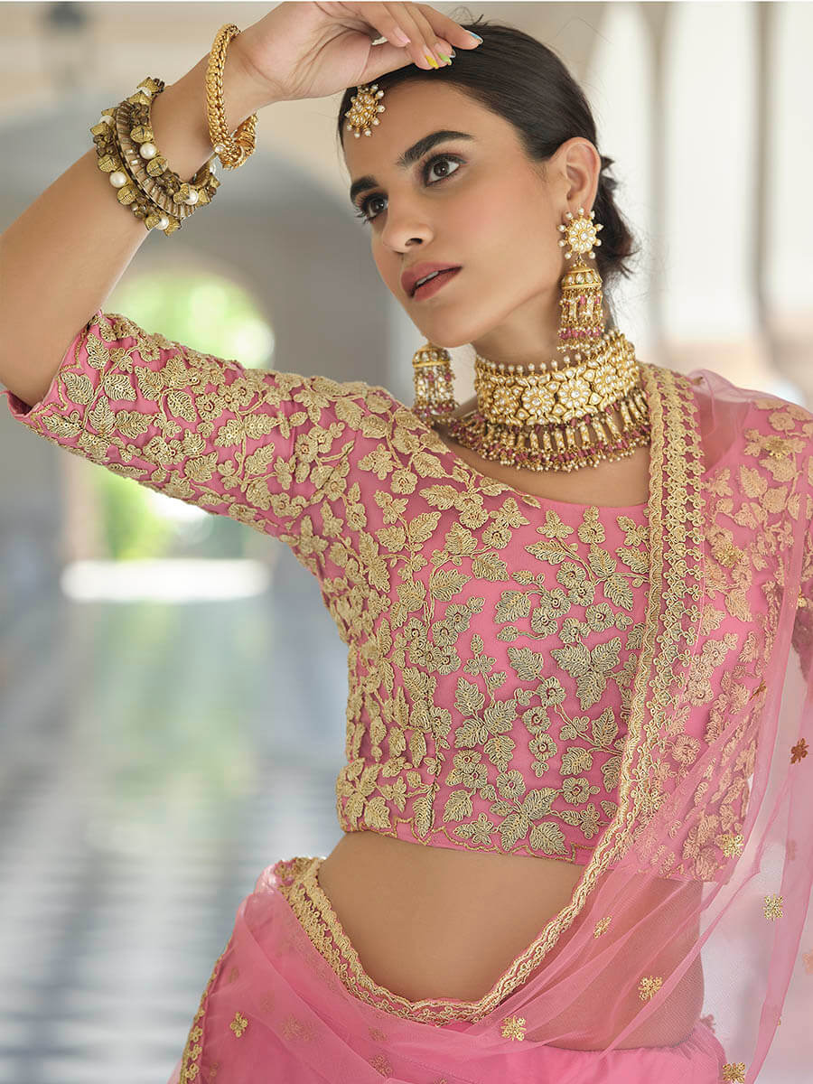 Myra Baby Pink Net Embroidered Lehenga | Grocsy