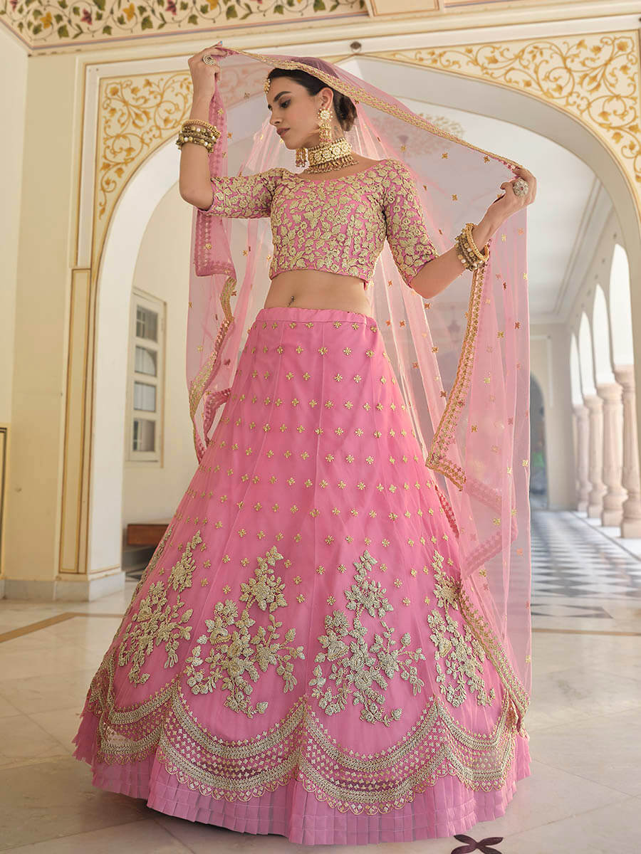 Myra Baby Pink Net Embroidered Lehenga | Grocsy