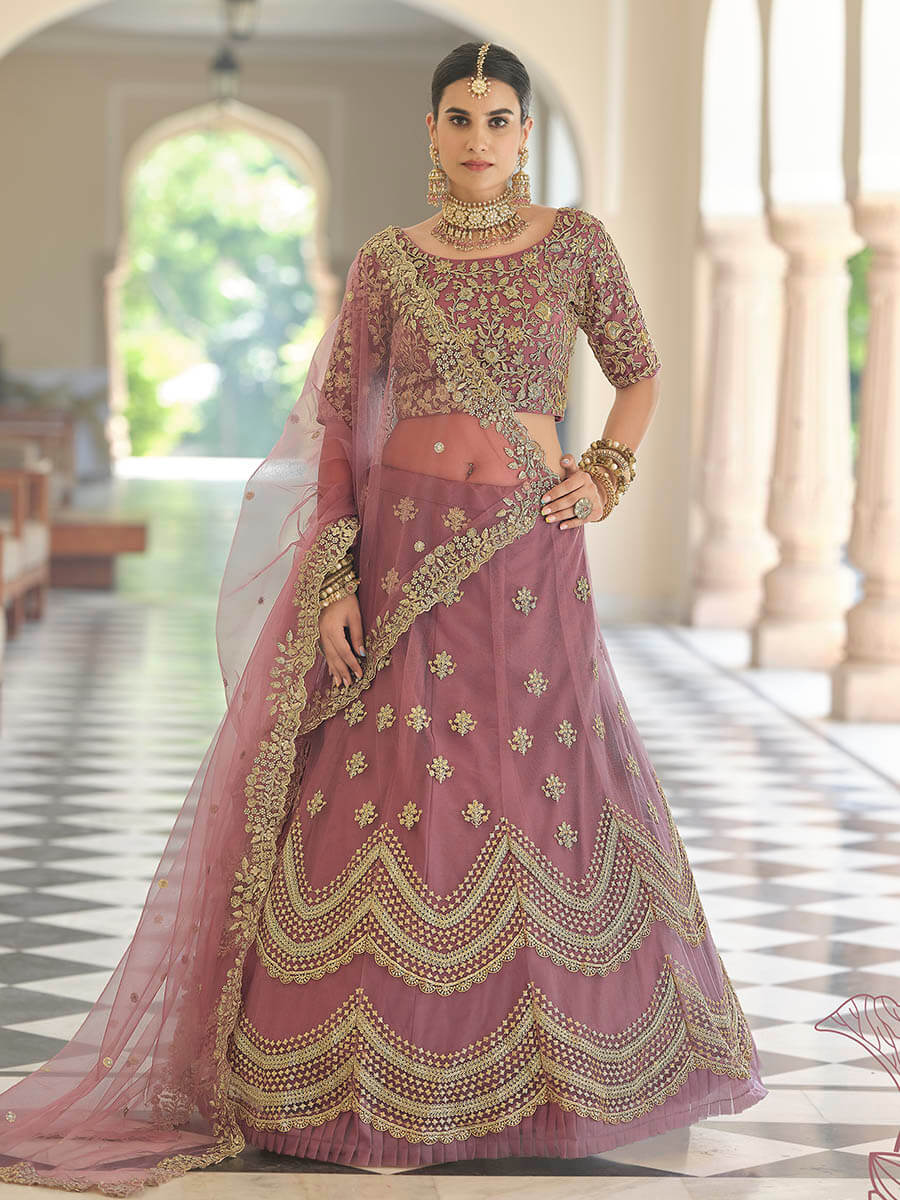 Myra Mauve Net Embroidered Lehenga | Grocsy