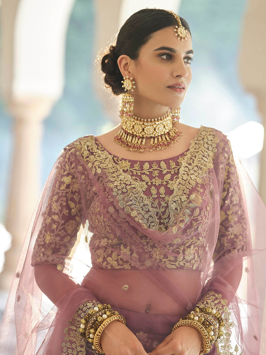 Myra Mauve Net Embroidered Lehenga | Grocsy