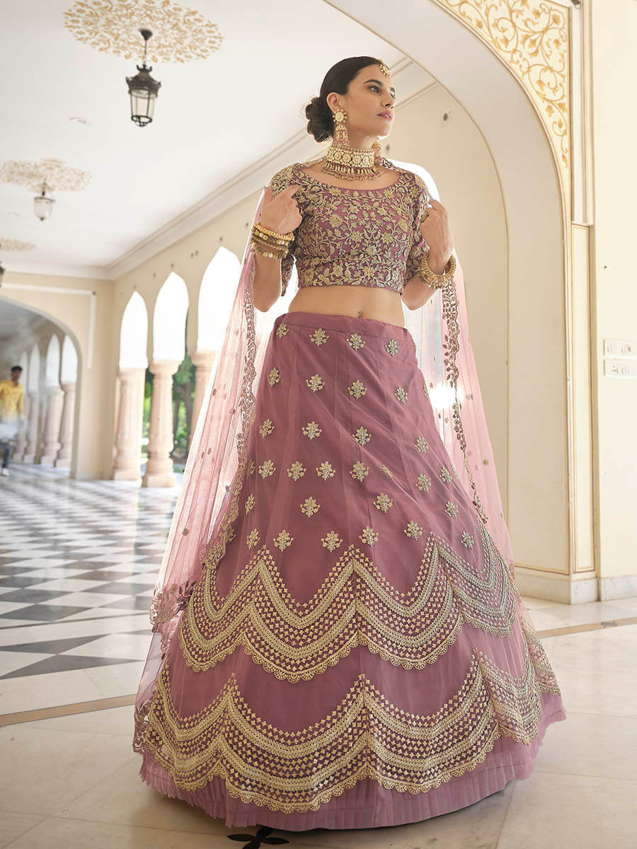 Myra Mauve Net Embroidered Lehenga | Grocsy