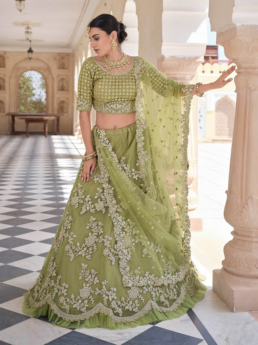 Myra Olive Green Net Embroidered Lehenga | Grocsy