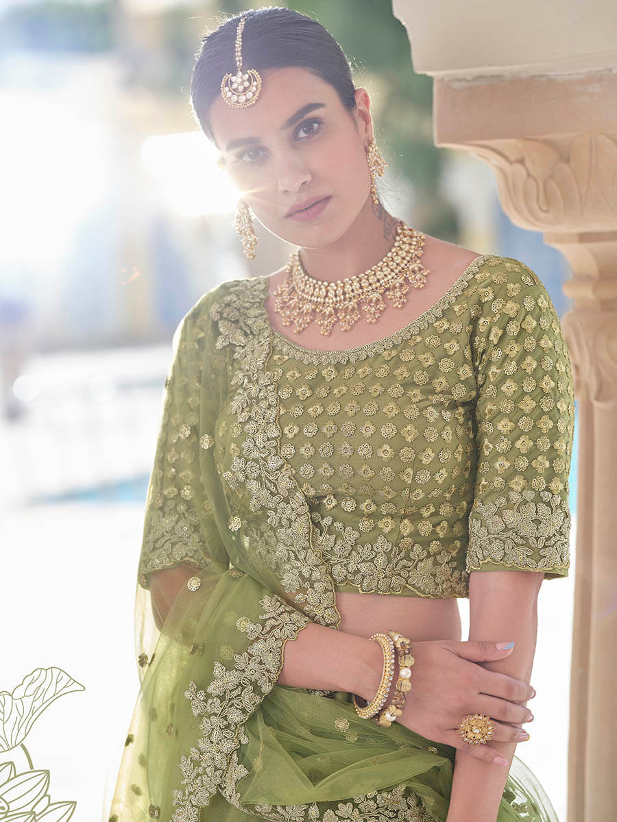 Myra Olive Green Net Embroidered Lehenga | Grocsy