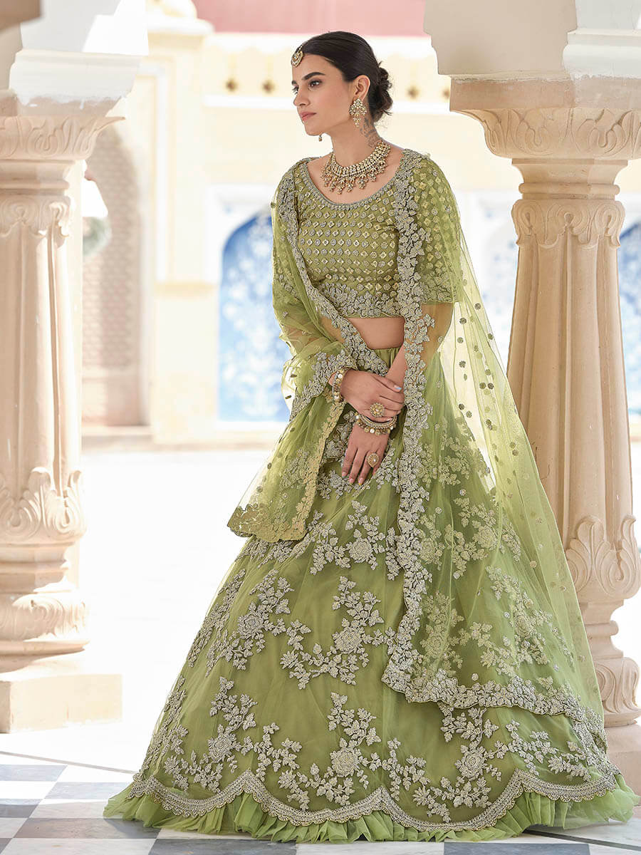 Myra Olive Green Net Embroidered Lehenga | Grocsy