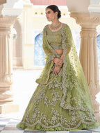 Myra Olive Green Net Embroidered Lehenga | Grocsy