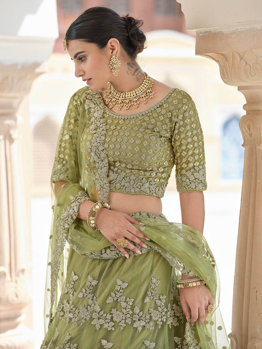 Myra Olive Green Net Embroidered Lehenga | Grocsy