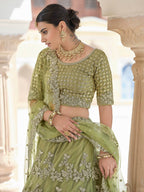 Myra Olive Green Net Embroidered Lehenga | Grocsy