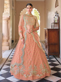 Myra Peach Net Embroidered Lehenga | Grocsy