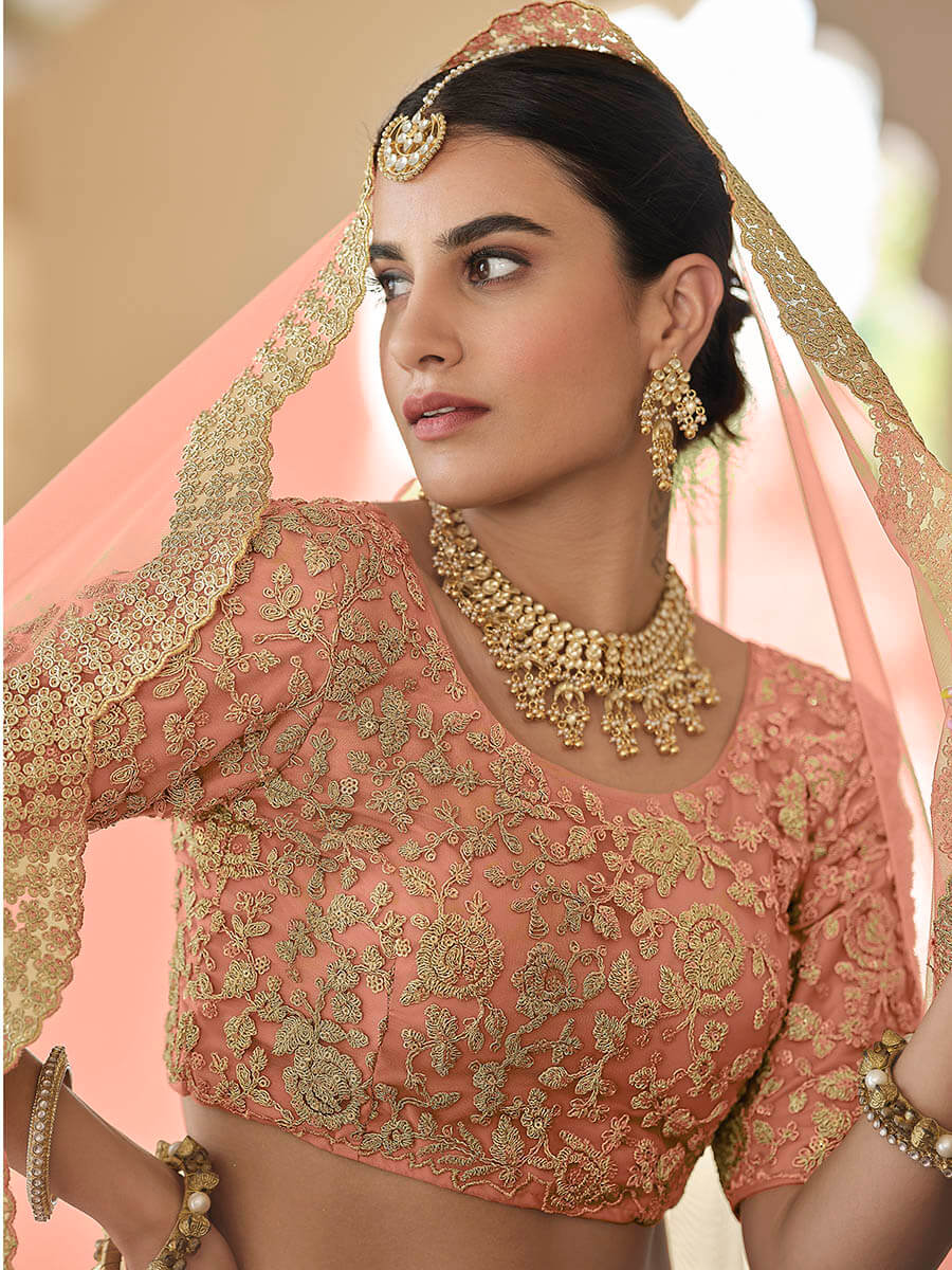 Myra Peach Net Embroidered Lehenga | Grocsy