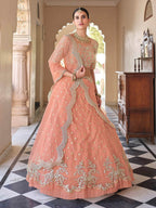 Myra Peach Net Embroidered Lehenga | Grocsy