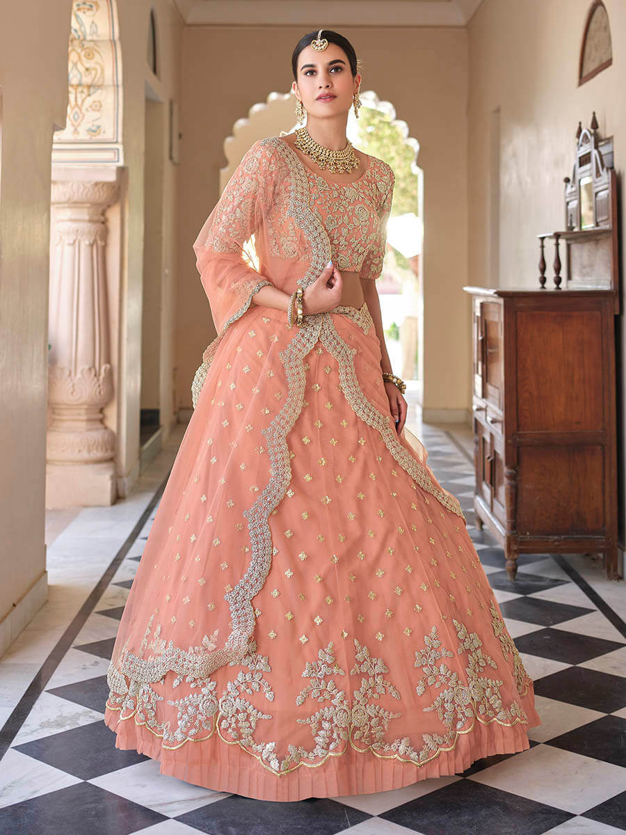 Myra Peach Net Embroidered Lehenga | Grocsy