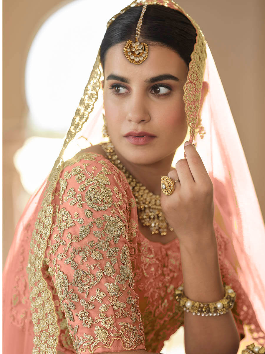 Myra Peach Net Embroidered Lehenga | Grocsy