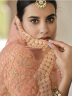 Myra Peach Net Embroidered Lehenga | Grocsy