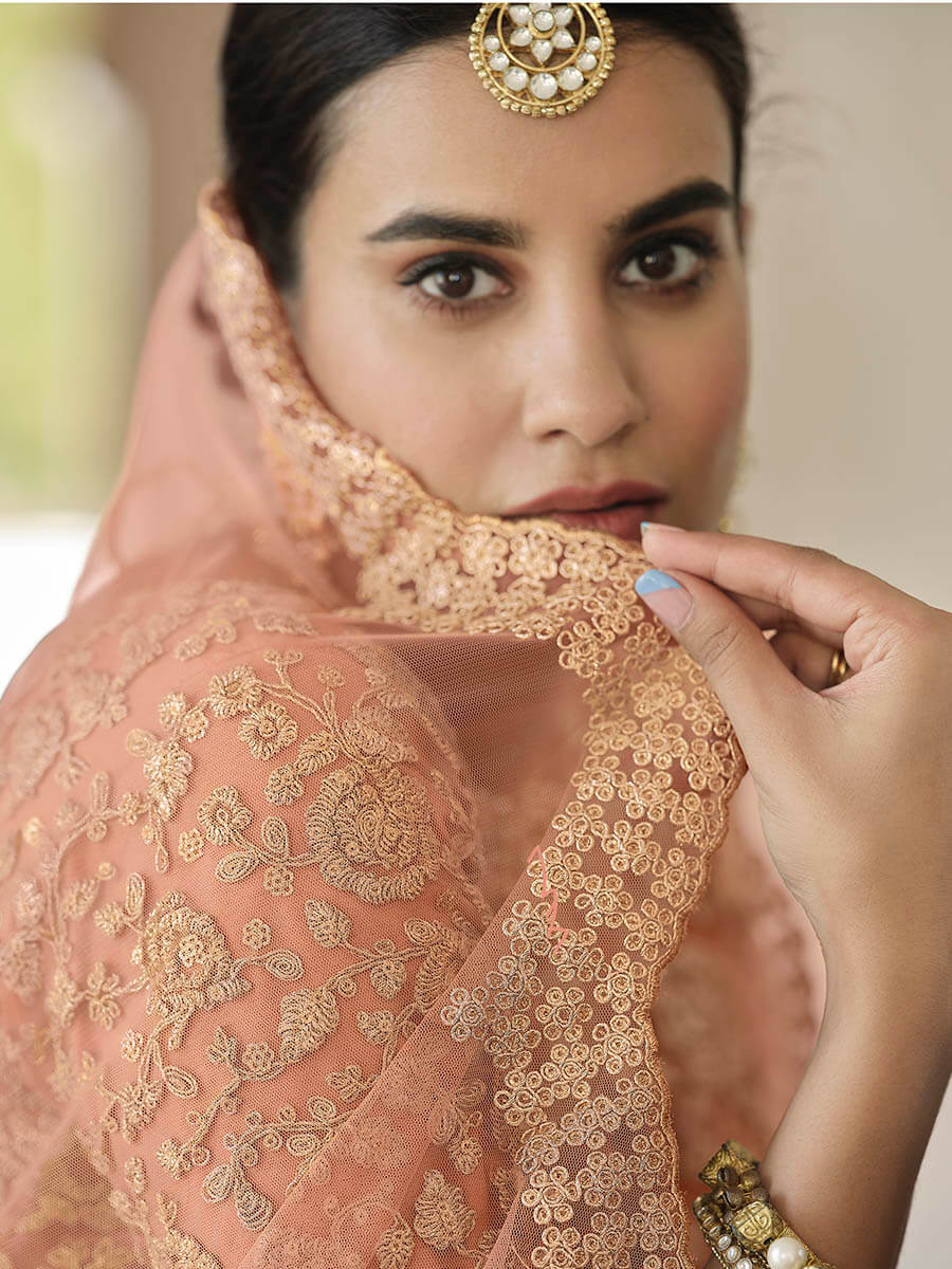 Myra Peach Net Embroidered Lehenga | Grocsy
