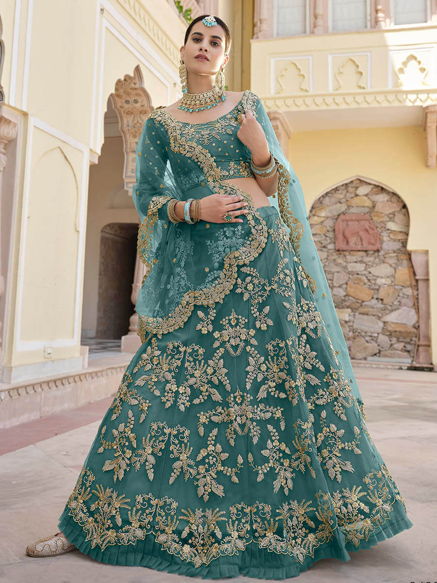 Myra Green Net Embroidered Lehenga | Grocsy