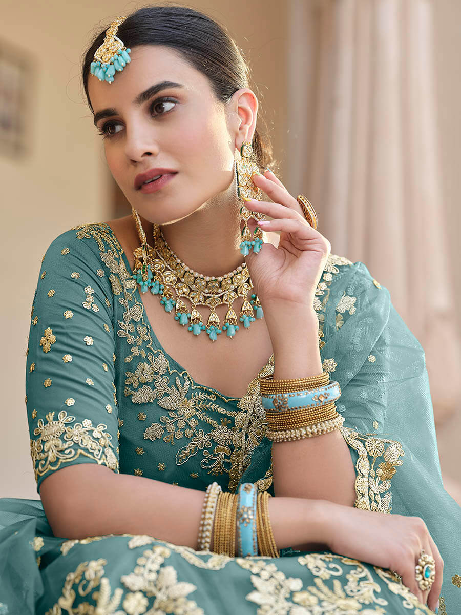 Myra Green Net Embroidered Lehenga | Grocsy