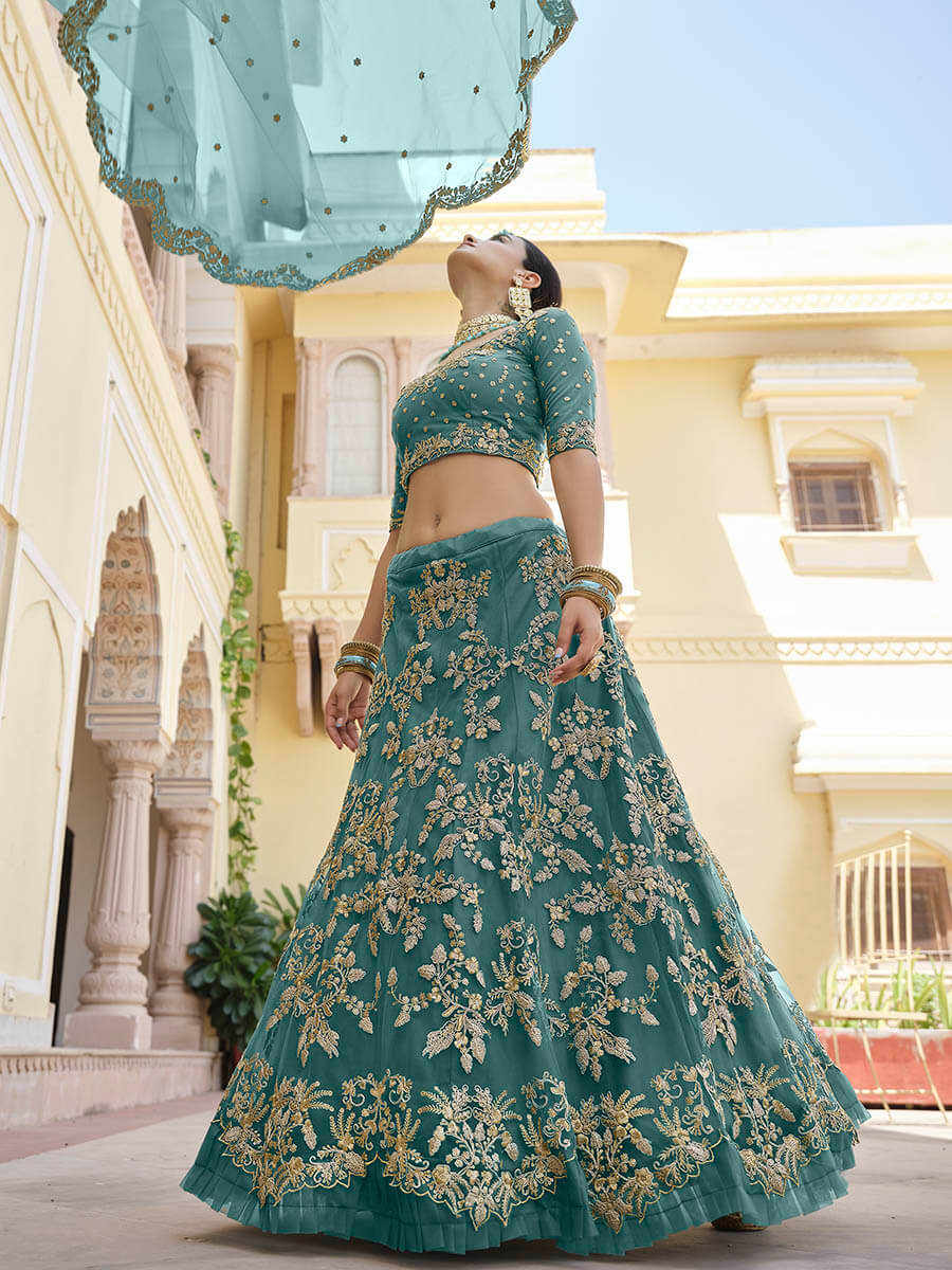 Myra Green Net Embroidered Lehenga | Grocsy