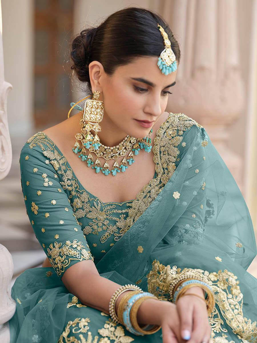 Myra Green Net Embroidered Lehenga | Grocsy
