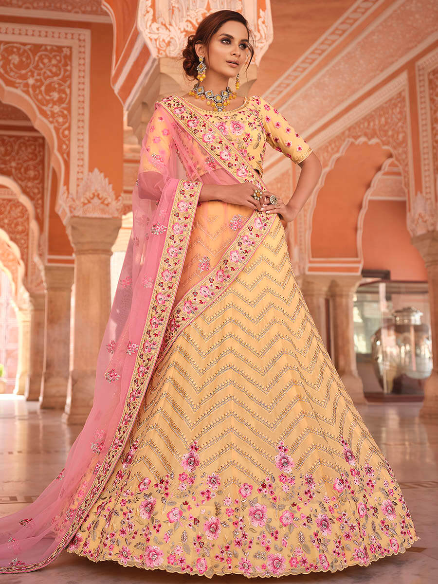 Myra Light Yellow Designer Handwork Lehenga | Grocsy