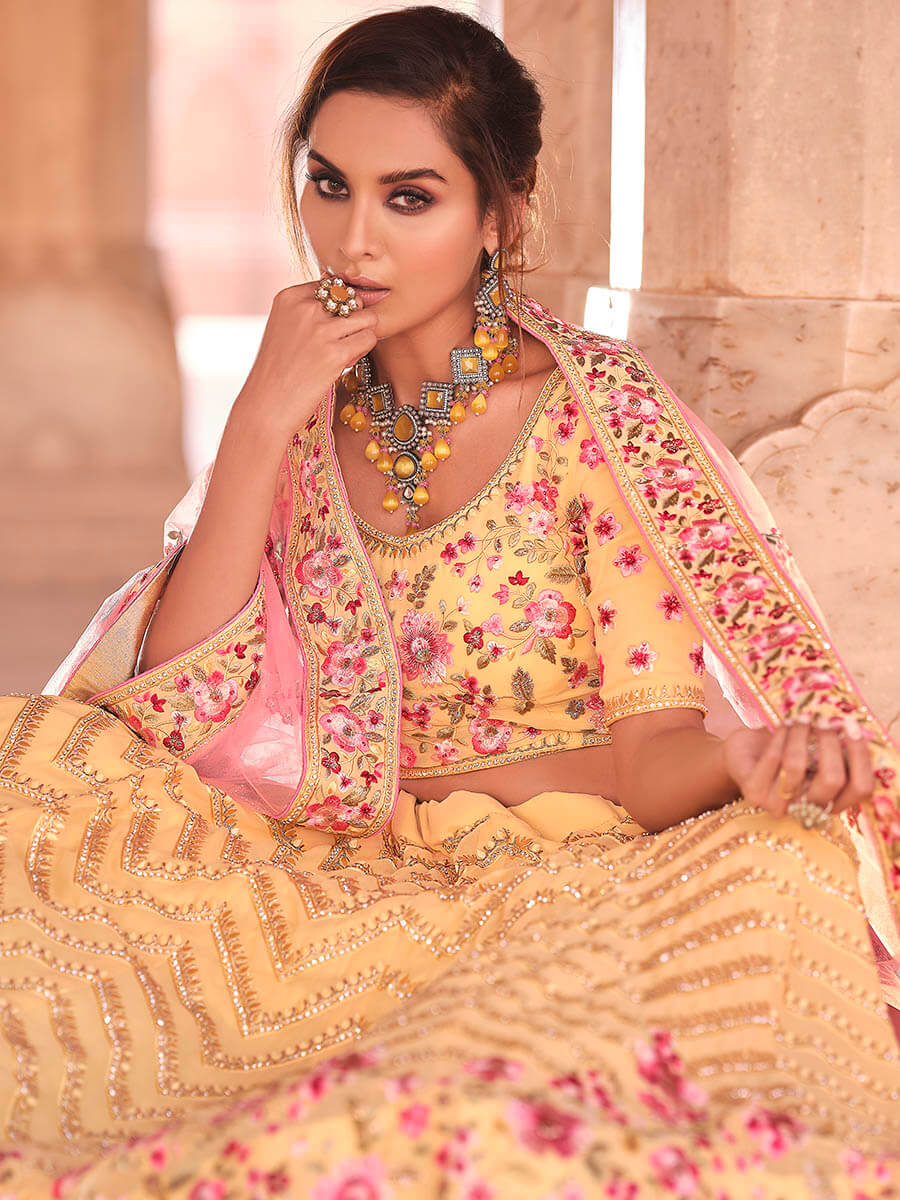Myra Light Yellow Designer Handwork Lehenga | Grocsy
