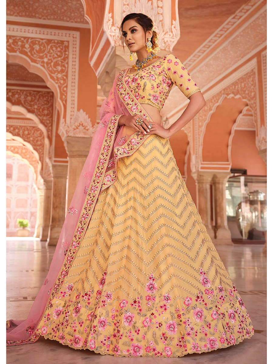 Myra Light Yellow Designer Handwork Lehenga | Grocsy