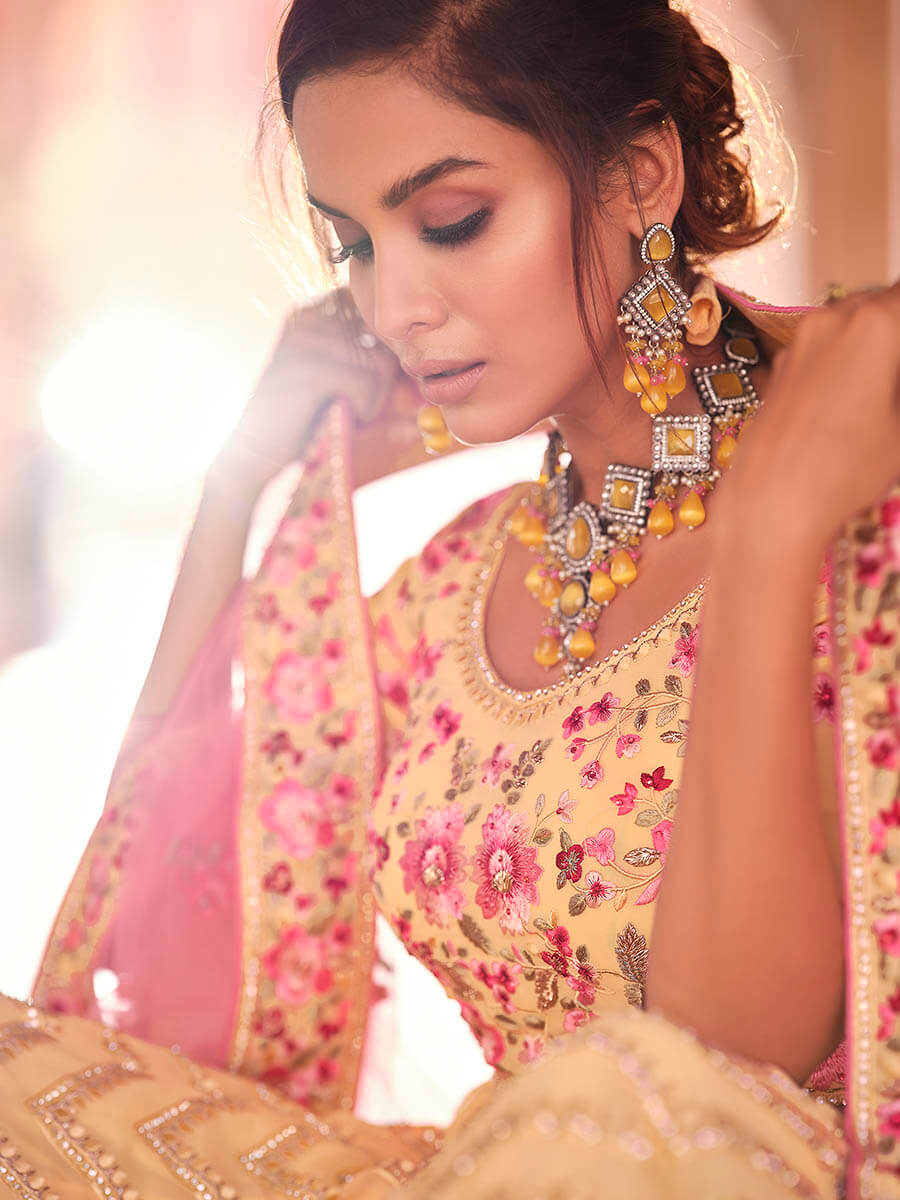 Myra Light Yellow Designer Handwork Lehenga | Grocsy