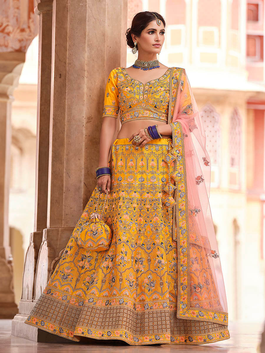 Myra Mustard Yellow Designer Hand work Lehenga | Grocsy