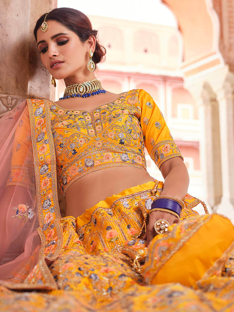 Myra Mustard Yellow Designer Hand work Lehenga | Grocsy
