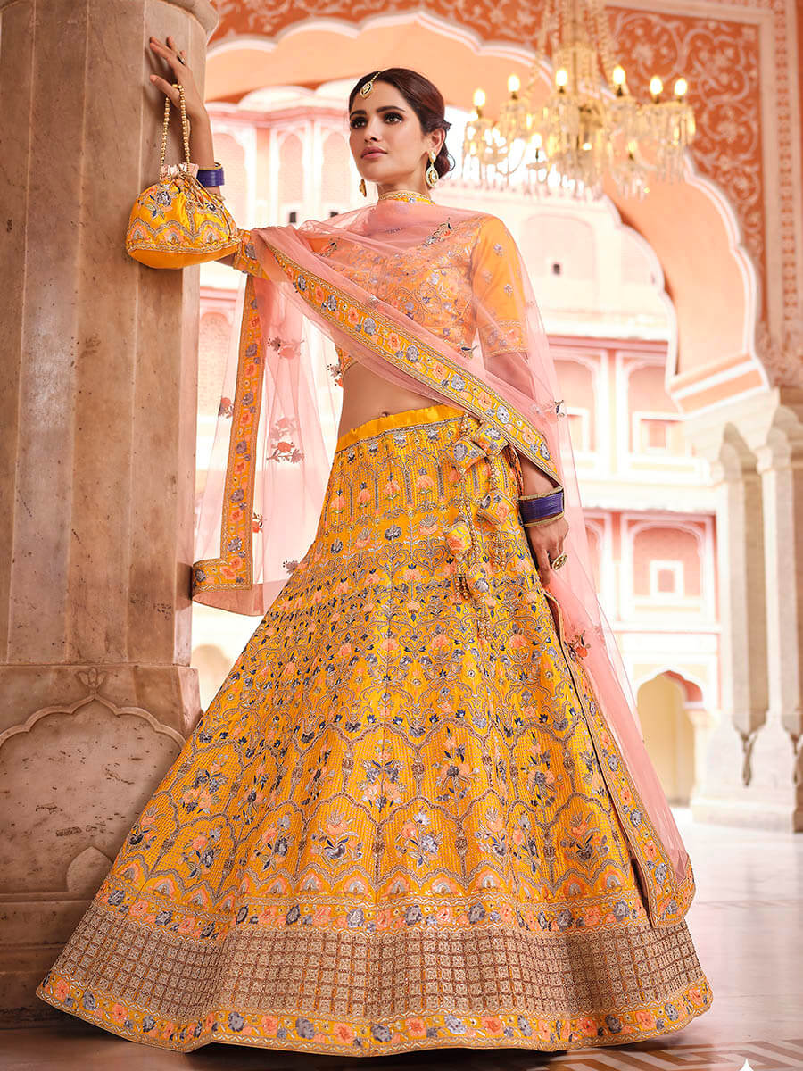 Myra Mustard Yellow Designer Hand work Lehenga | Grocsy