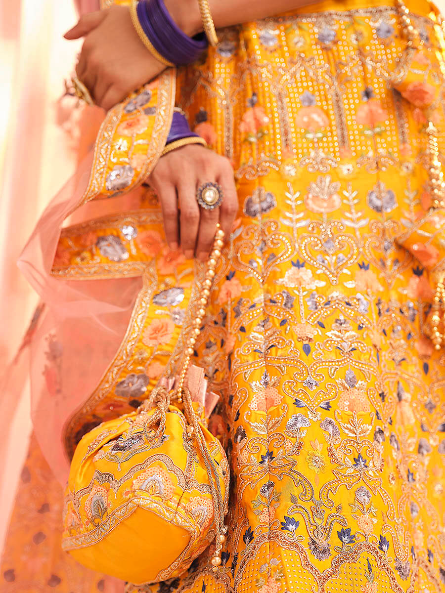 Myra Mustard Yellow Designer Hand work Lehenga | Grocsy