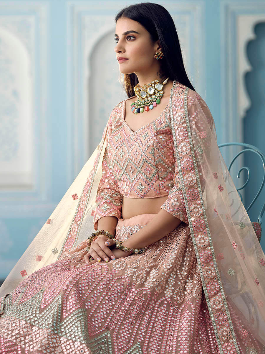 Myra Beautiful Peach Organza Embroidered Lehenga | Grocsy