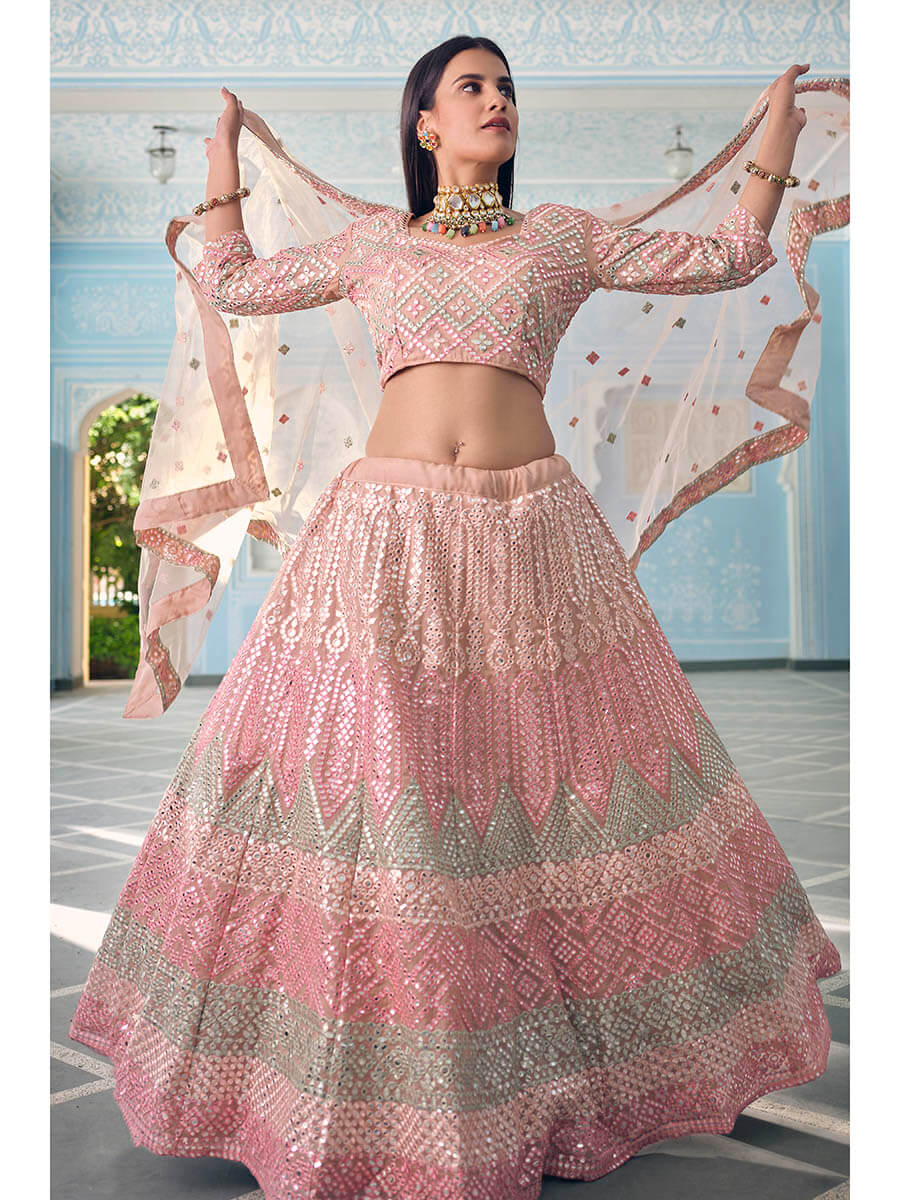 Myra Beautiful Peach Organza Embroidered Lehenga | Grocsy
