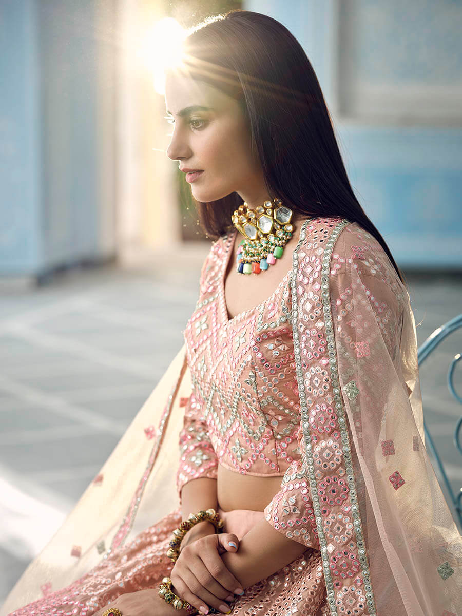 Myra Beautiful Peach Organza Embroidered Lehenga | Grocsy