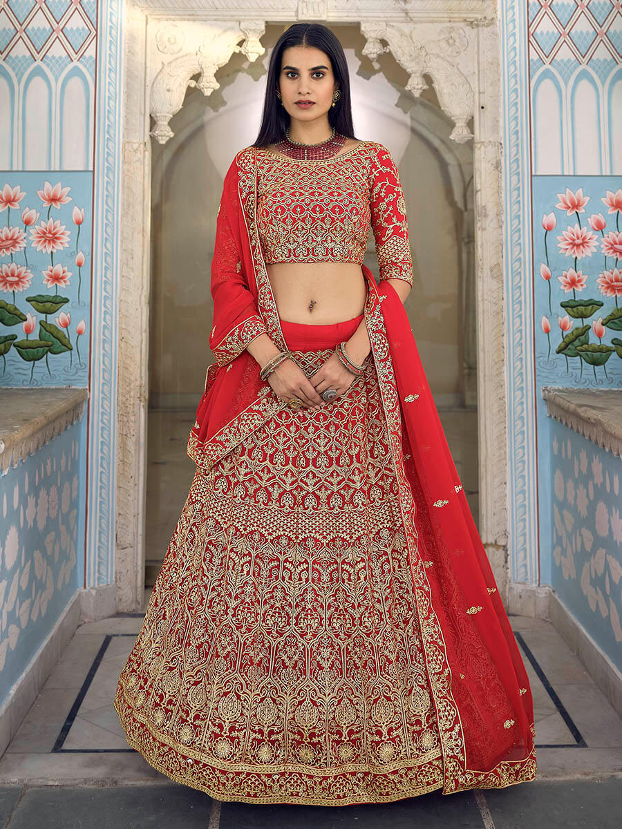 Myra Red Georgette Embroidered Lehenga | Grocsy