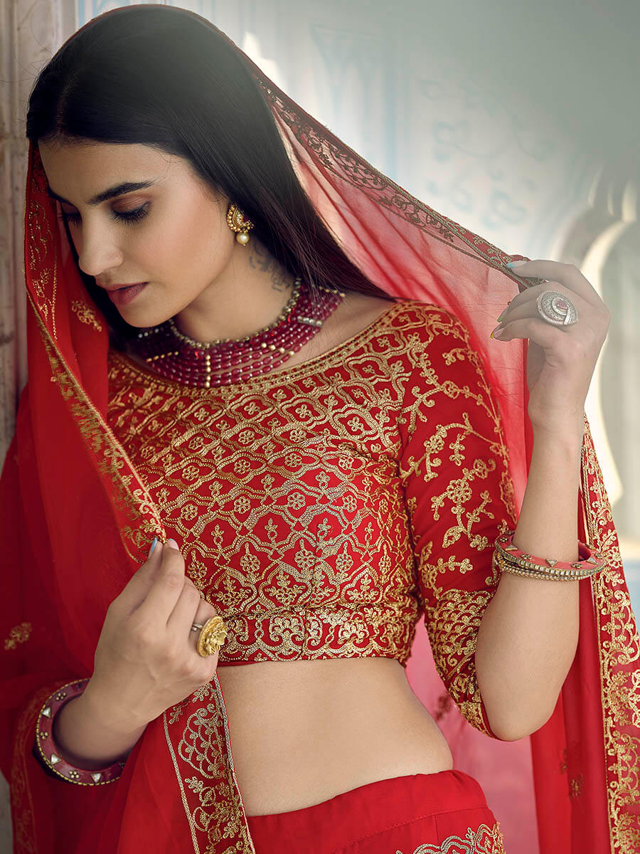 Myra Red Georgette Embroidered Lehenga | Grocsy