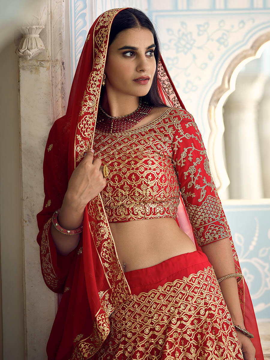 Myra Red Georgette Embroidered Lehenga | Grocsy
