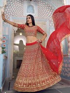 Myra Red Georgette Embroidered Lehenga | Grocsy