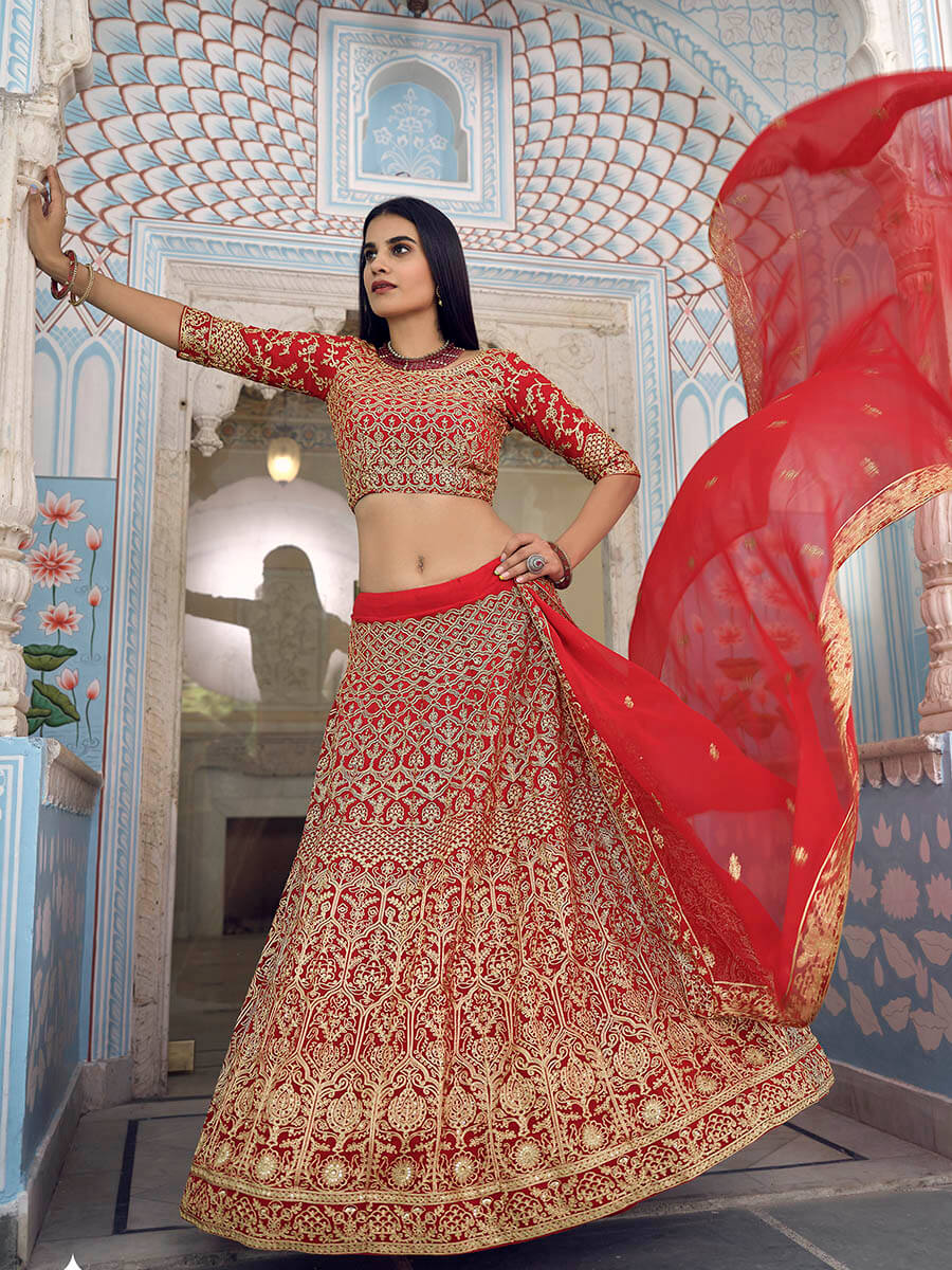 Myra Red Georgette Embroidered Lehenga | Grocsy