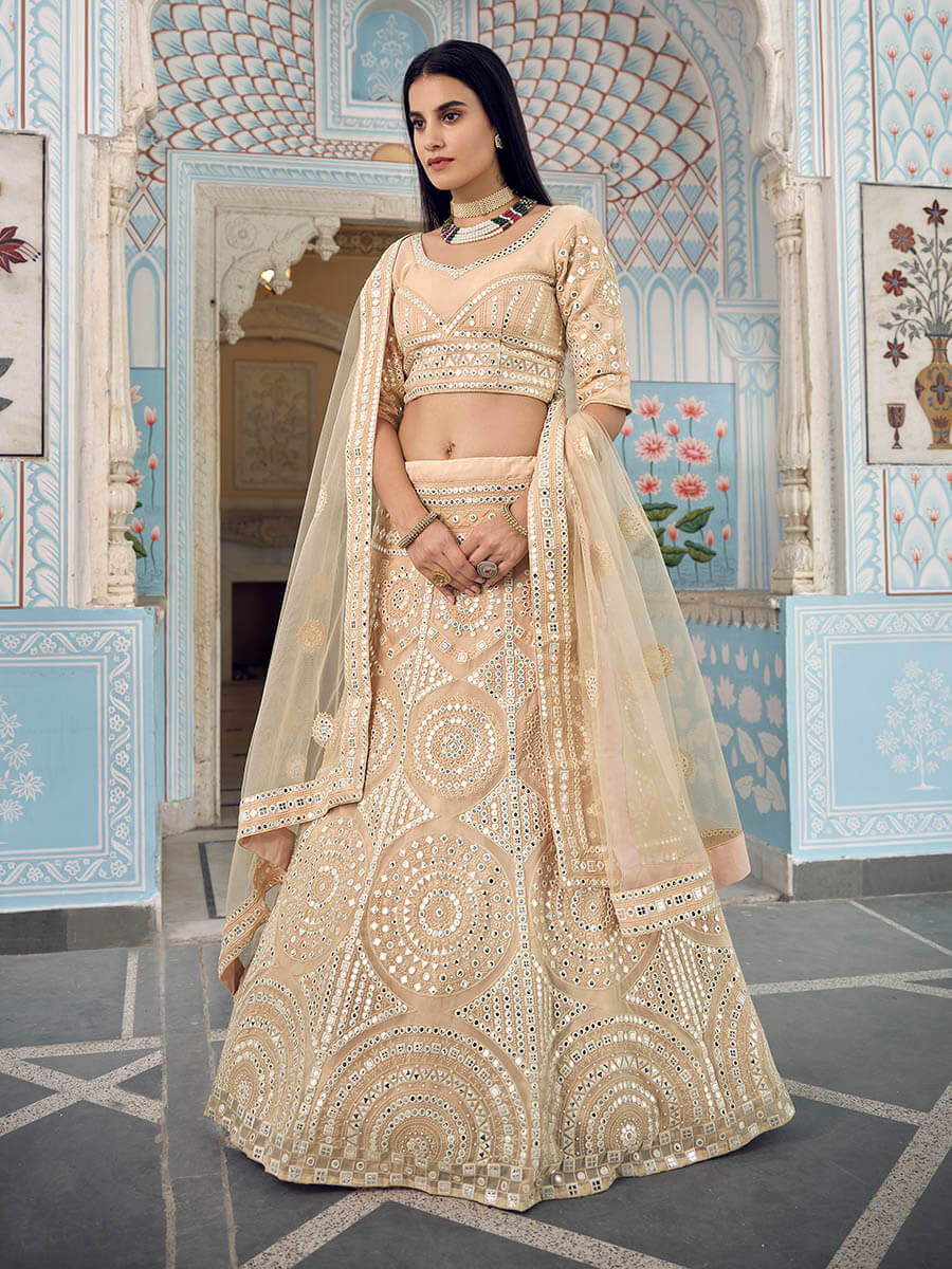 Myra Traditional Cream Organza Embroidered Lehenga | Grocsy