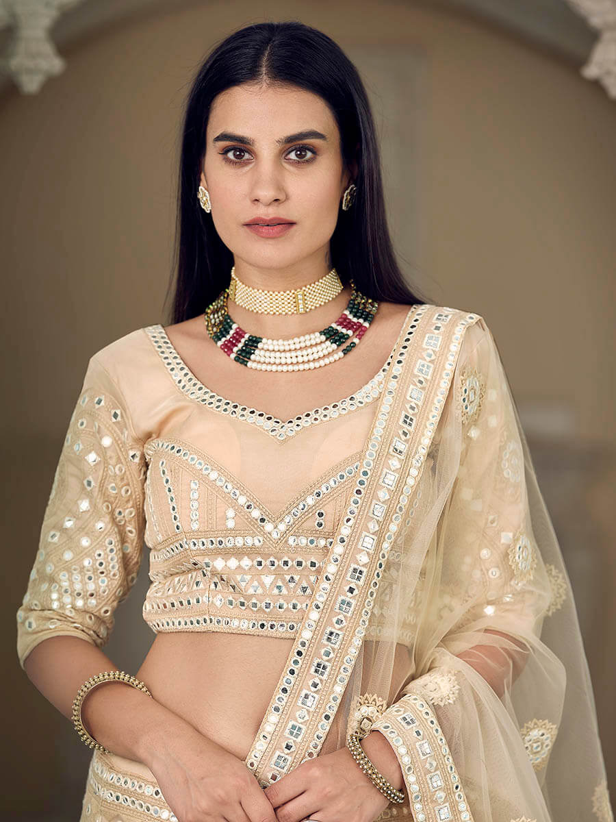 Myra Traditional Cream Organza Embroidered Lehenga | Grocsy