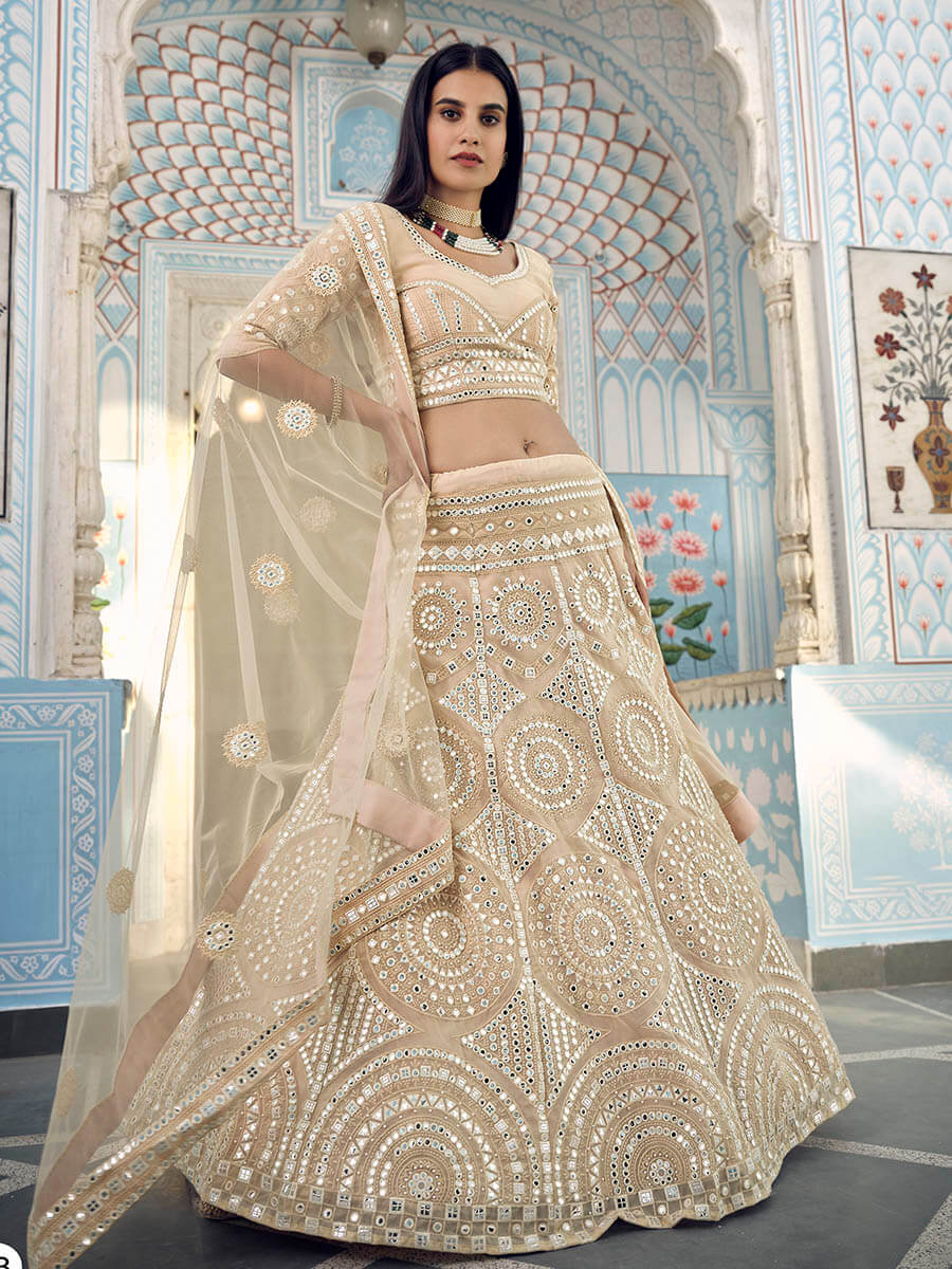 Myra Traditional Cream Organza Embroidered Lehenga | Grocsy