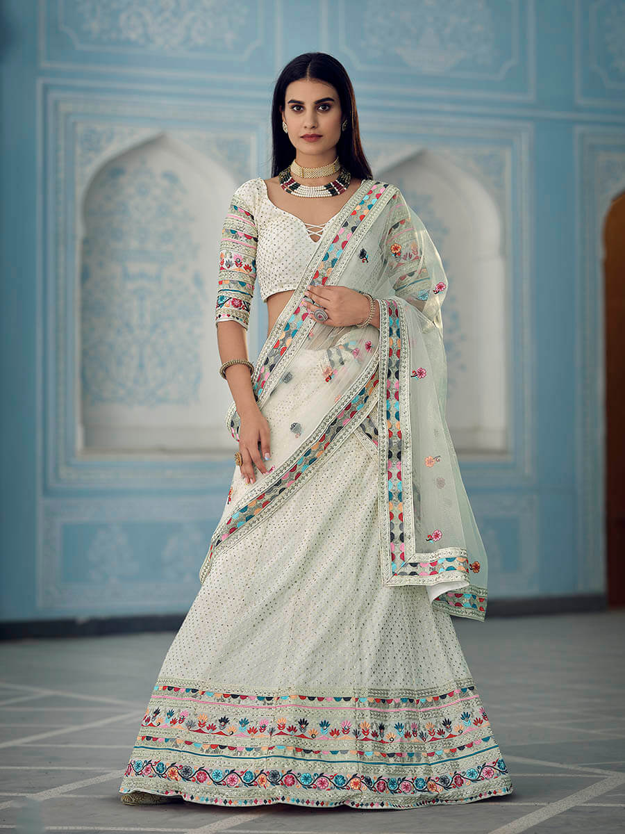 Myra White Gorgette Embroidered Lehenga | Grocsy