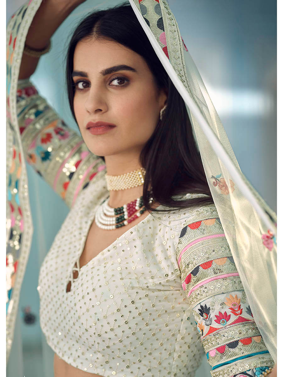 Myra White Georgette Embroidered Lehenga | Grocsy