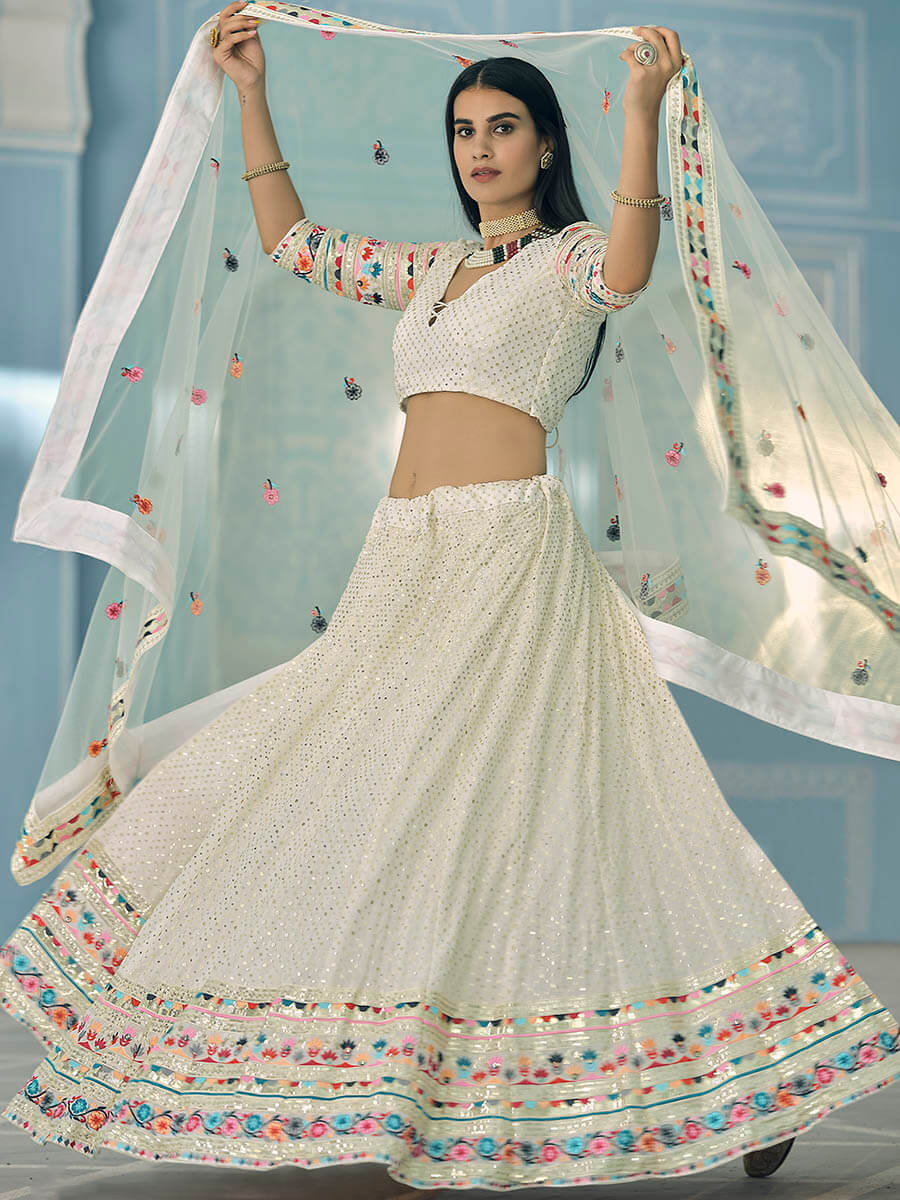 Myra White Gorgette Embroidered Lehenga | Grocsy