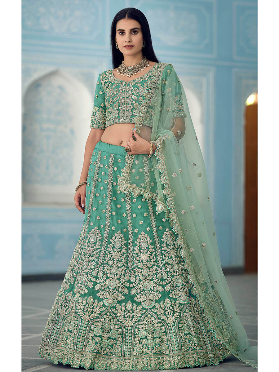 Myra Turquoise Organza Embroidered Lehenga | Grocsy