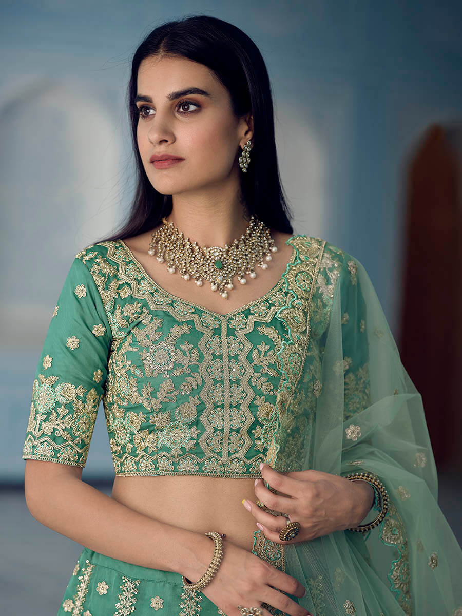 Myra Turquoise Organza Embroidered Lehenga | Grocsy