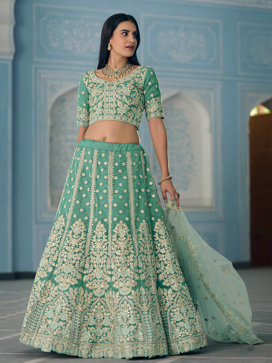 Myra Turquiose Organza Embroidered Lehenga | Grocsy