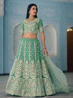 Myra Turquiose Organza Embroidered Lehenga | Grocsy
