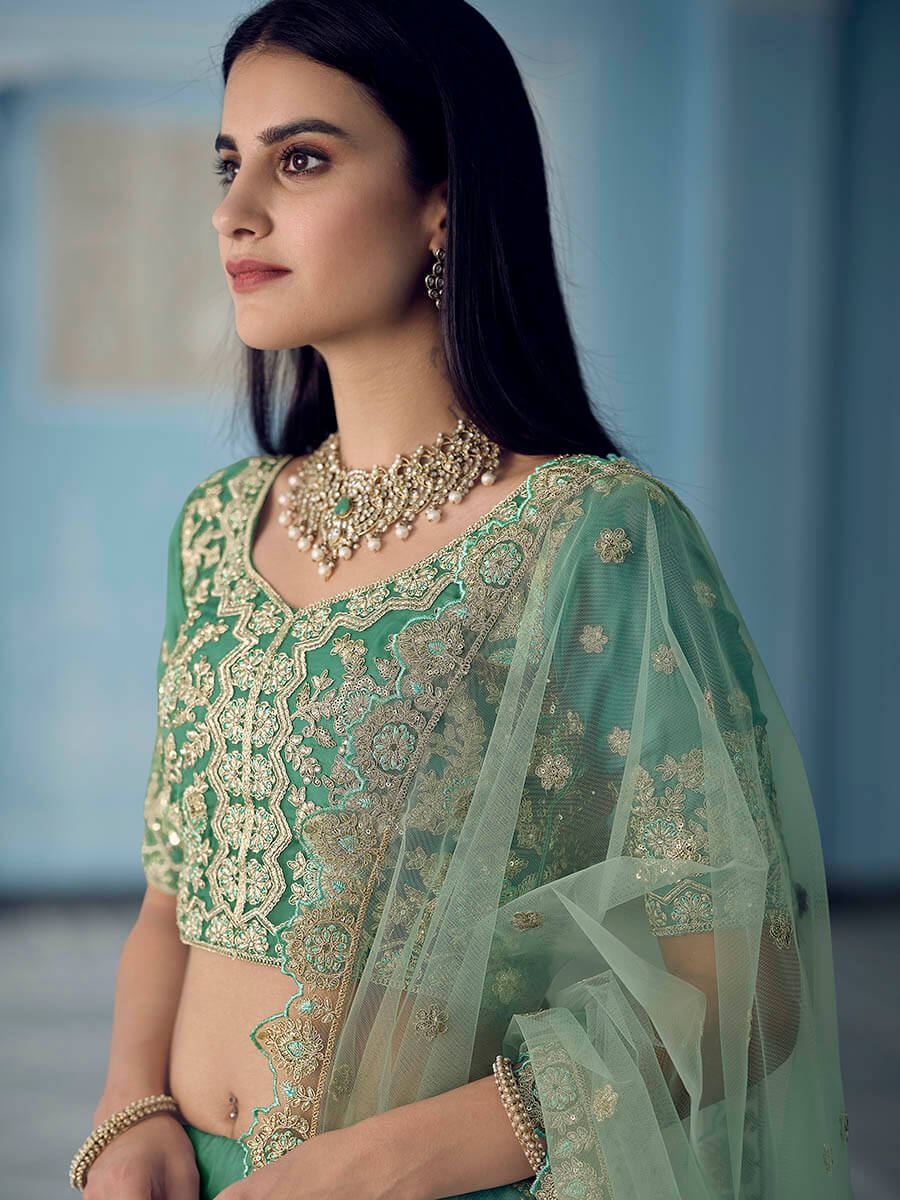 Myra Turquoise Organza Embroidered Lehenga | Grocsy